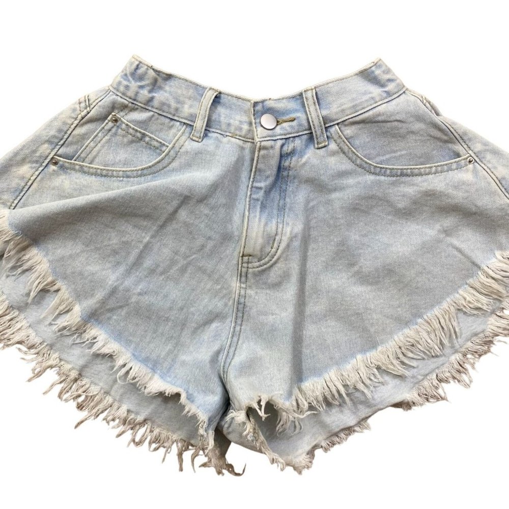 Mochy Womens Jean Cutoff Shorts Small NWT Light Wash Denim Oversized Fringe Boho